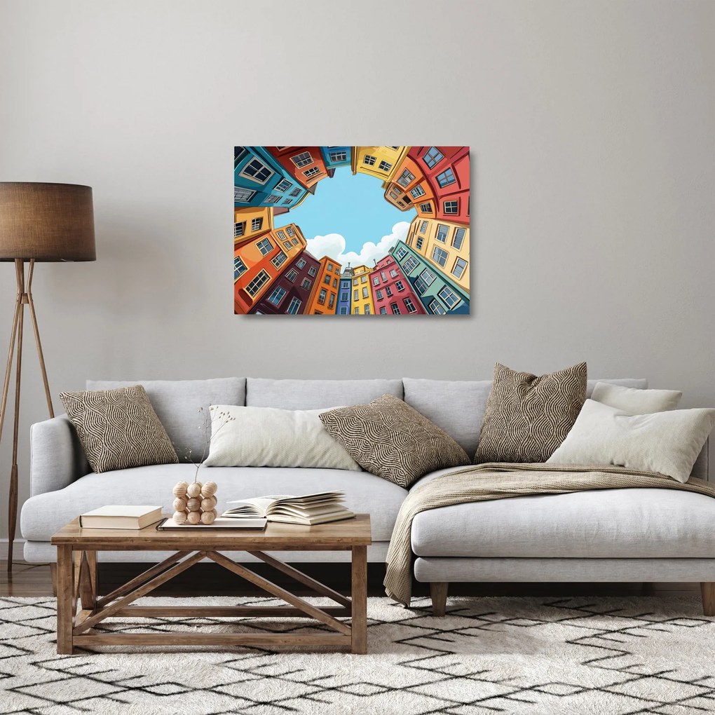 Tablou pe sticlă - Între case (70x50 cm)