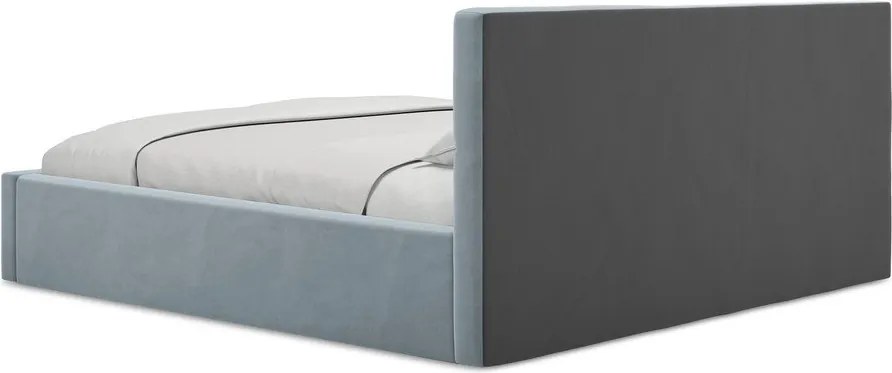 Pat matrimonial albastru deschis tapițat din catifea cu spațiu de depozitare cu somieră 140x200 cm Hiko – Makamii