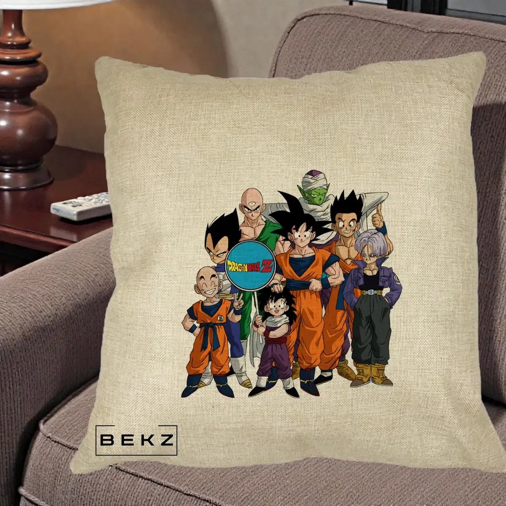 Perna Personalizata Dragon Ball Z Grup Complet, 40x40 cm, Crem, Husa Detasabila, Perna Inclusa, BEKZ®