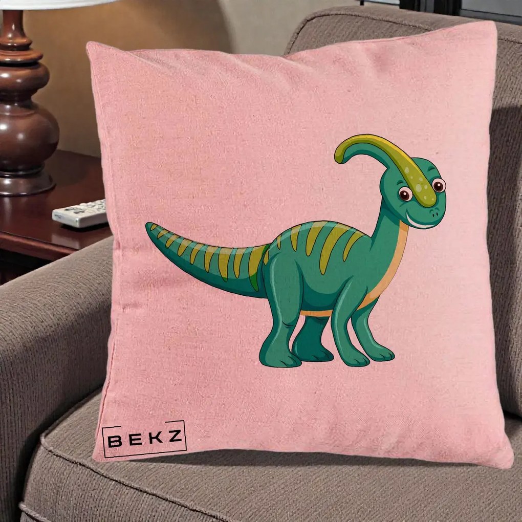 Perna Decorativa Parasaur Verde, 40x40 cm, Roz, Husa Detasabila, Perna Inclusa, BEKZ®