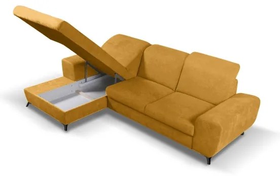 Colțar extensibil tapițat ALTA, cu spațiu de depozitare, configurație în L, stânga, galben