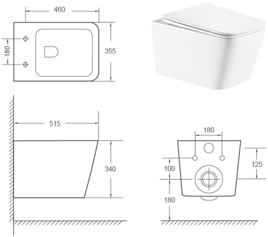 Set vas wc rimless suspendat, dreptunghiular, capac softclose inclus, alb lucios, Foglia Safari