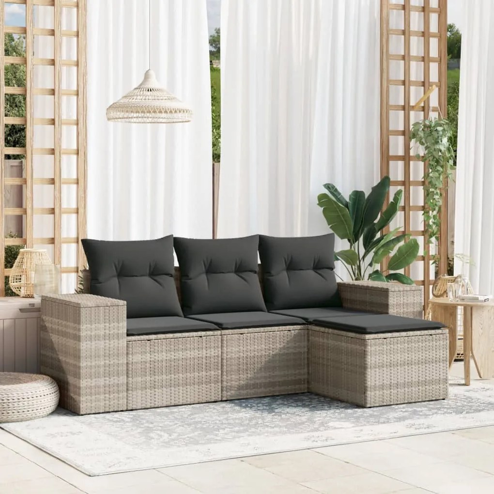 vidaXL Set canapea de grădină cu perne, 4 piese, gri deschis poliratan