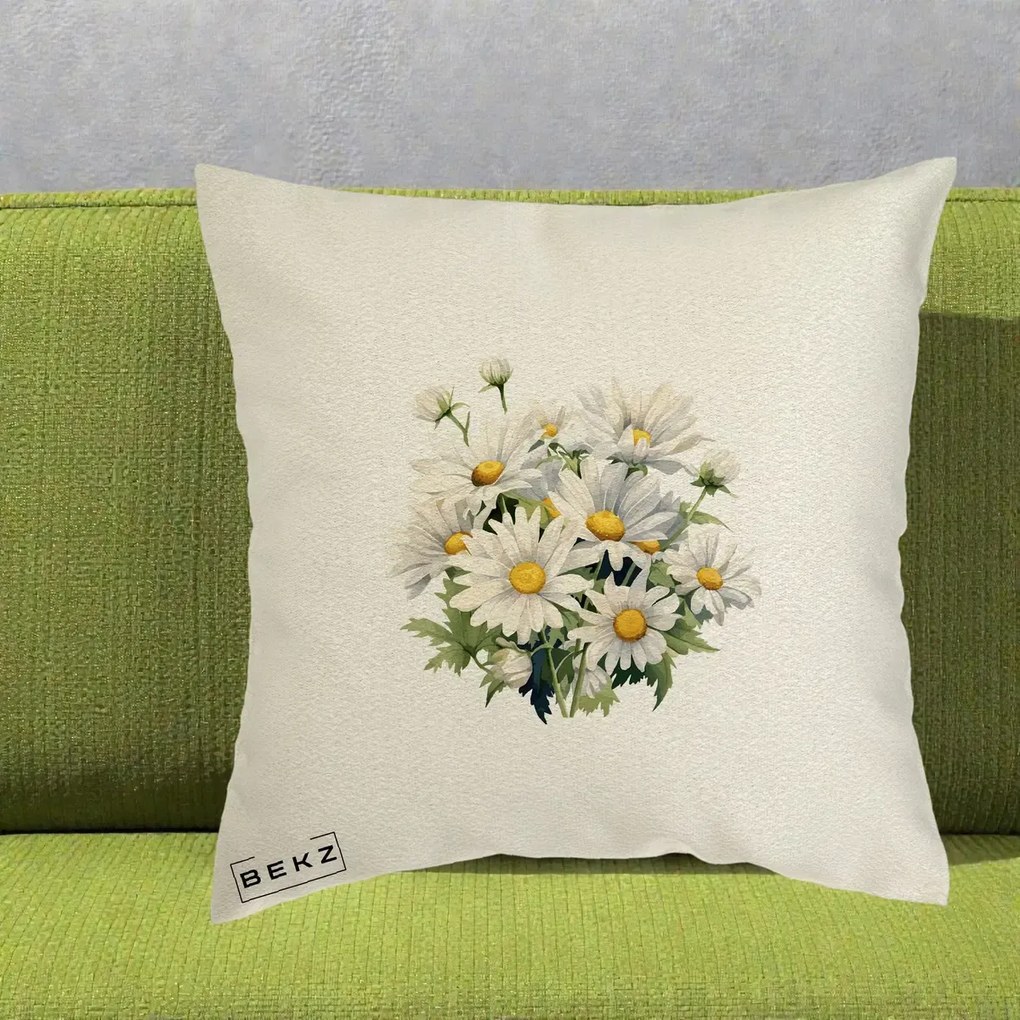 Perna Decorativa Buchet Margarete Albe Acuarela, 40x40 cm, Ecru, Husa Detasabila, Perna Inclusa, BEKZ®