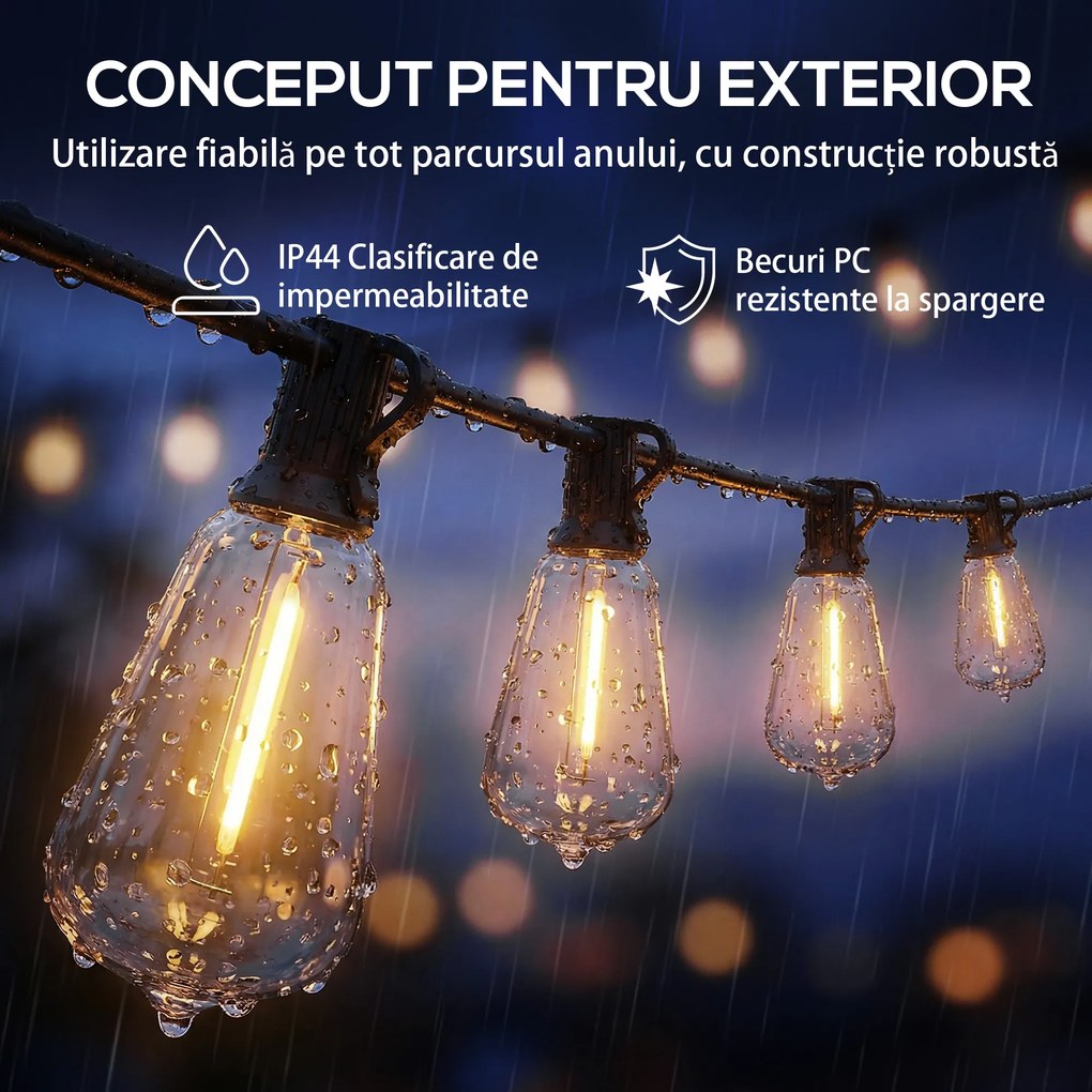 HOMCOM Lanț de Lumină, Lumini LED 50, 18 m, IP44 Impermeabile, Decorațiuni pentru Interior și Exterior, Grădină, Alb Cald | Aosom Romania