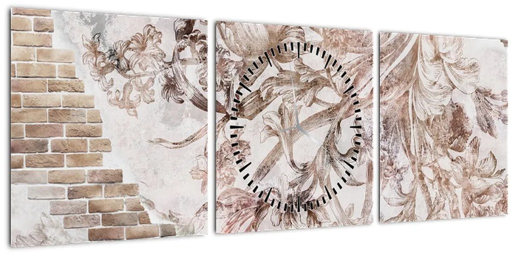 Tablou - Frescă florală pe un perete de cărămidă (cu ceas) (90x30 cm)