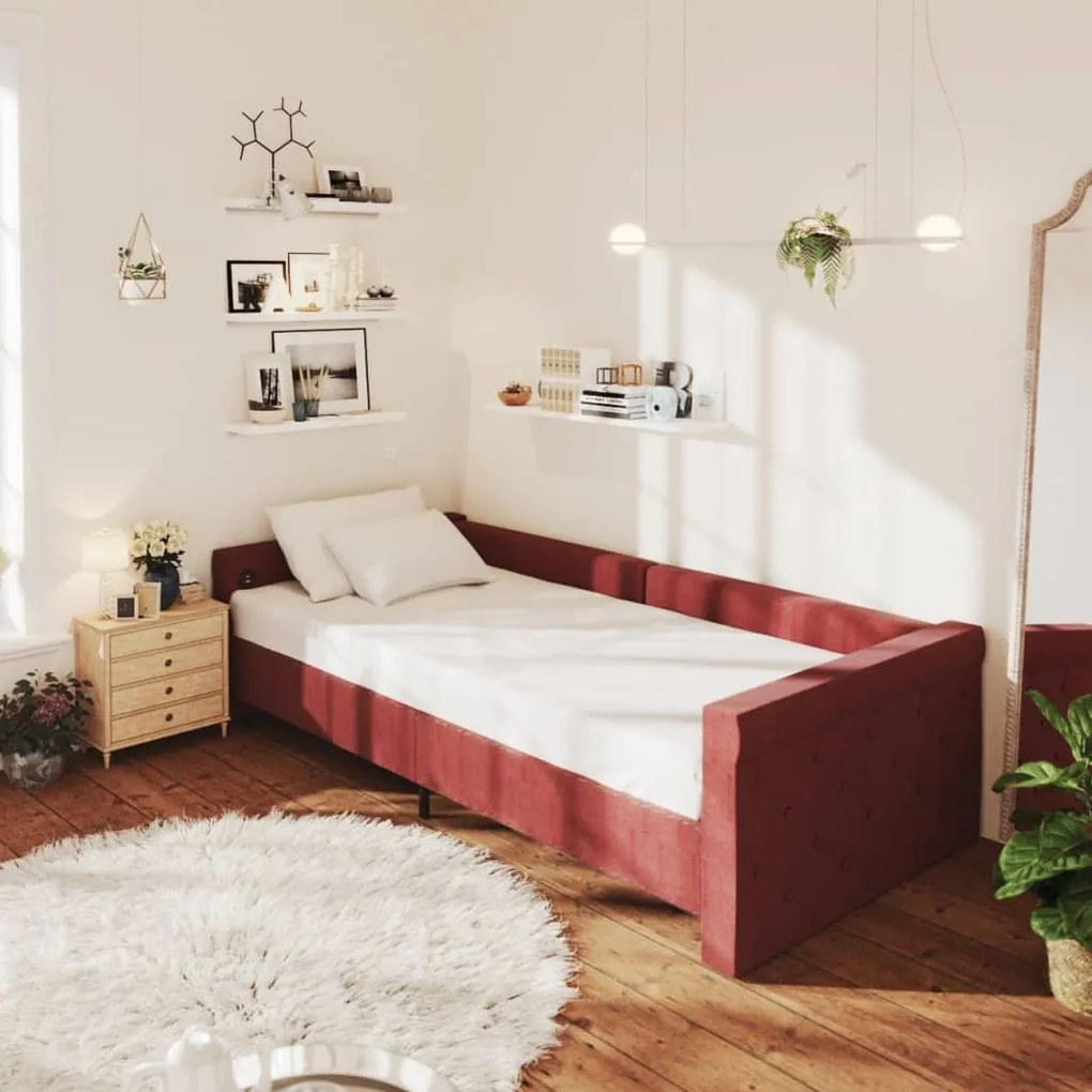 337196 vidaXL Pat de zi, roșu vin, 90x200 cm, textil, USB