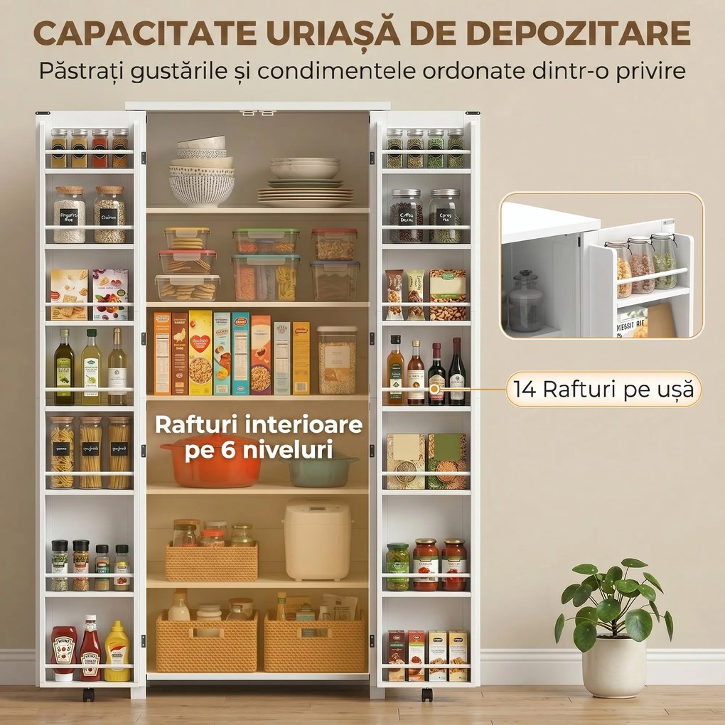 HOMCOM Dulap Modern de Bucătărie: Roți, 2 Uși, 14 Suporturi, Alb. | Aosom Romania