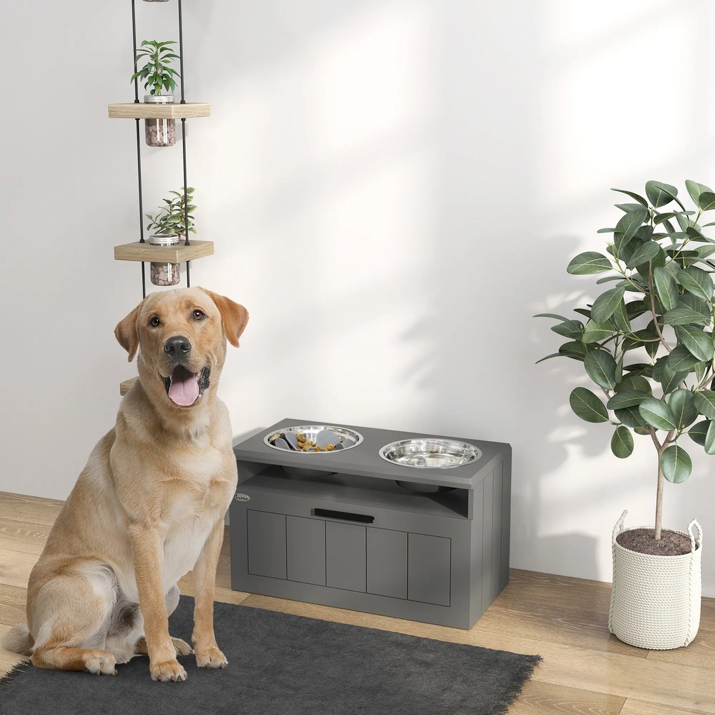 PawHut Stație de alimentare pentru câini mari cu 2 boluri din oțel inoxidabil, cutie, mașină de hrănit animale, MDF, oțel, gri | Aosom Romania