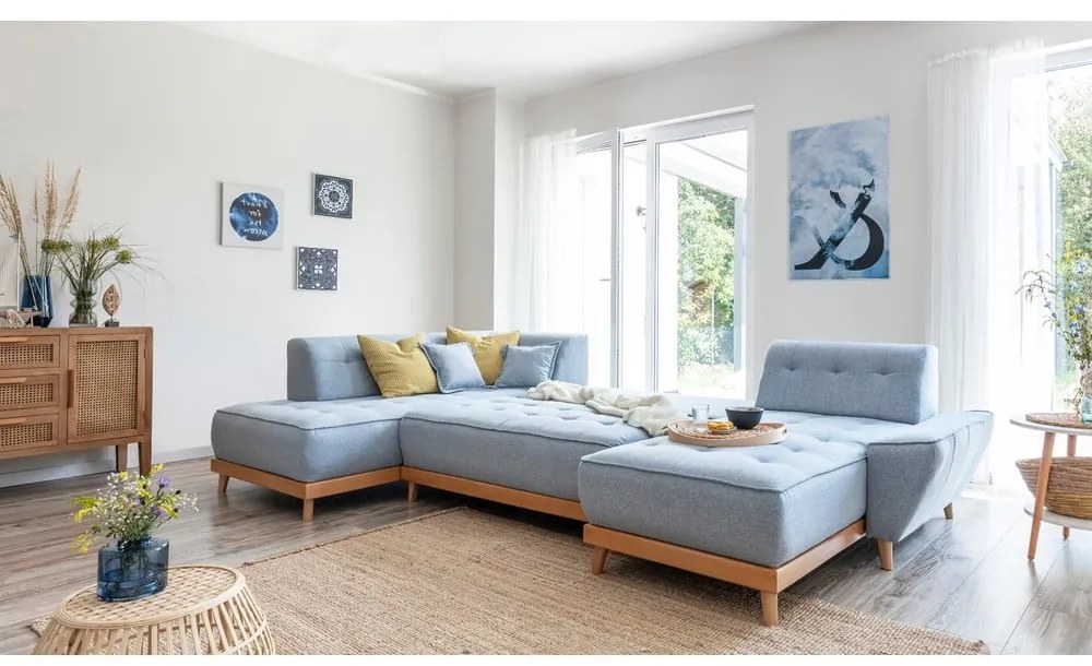 Canapea extensibilă în formă de "U" cu șezlong pe partea stângă Miuform Dazzling Daisy, albastru deschis