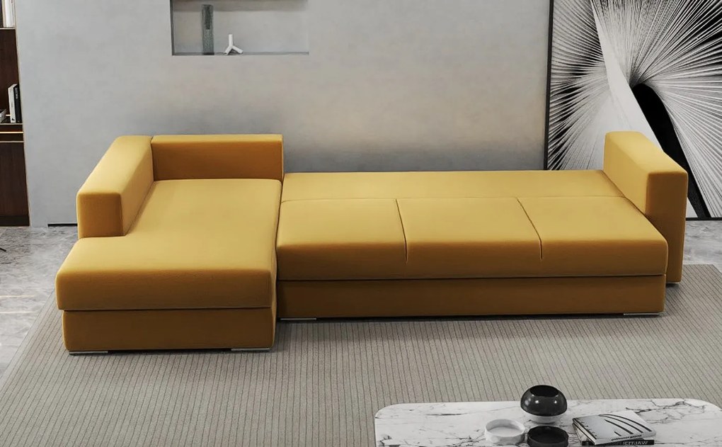 Colțar extensibil dumonde cu ladă de depozitare si sezut confortabil din spuma high-density, Gloria Royal Mustar 320x183 cm