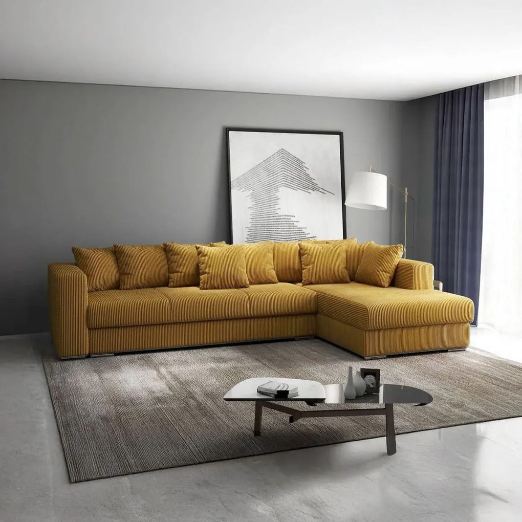 Colțar extensibil dumonde cu ladă de depozitare si sezut confortabil din spuma high-density, Gloria Zoom Mustar II 320x183 cm