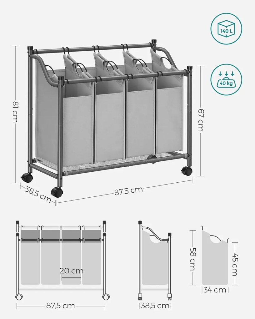 Organizator cu roti pentru baie, Songmics, 4 x 35L, 87.5 x 38.5 x 67 cm, LSF005, Gri