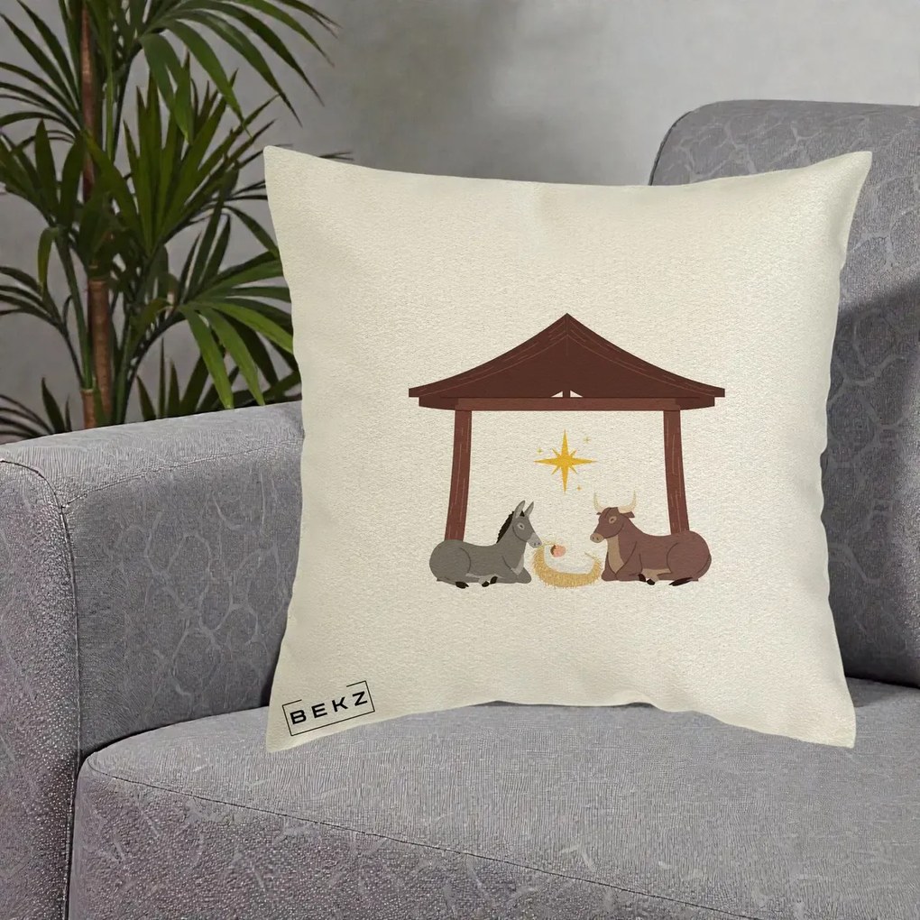 Perna Decorativa Ieslea din Betleem cu Iesle Asin si Bou, 40x40 cm, Ecru, Husa Detasabila, Perna Inclusa, BEKZ®