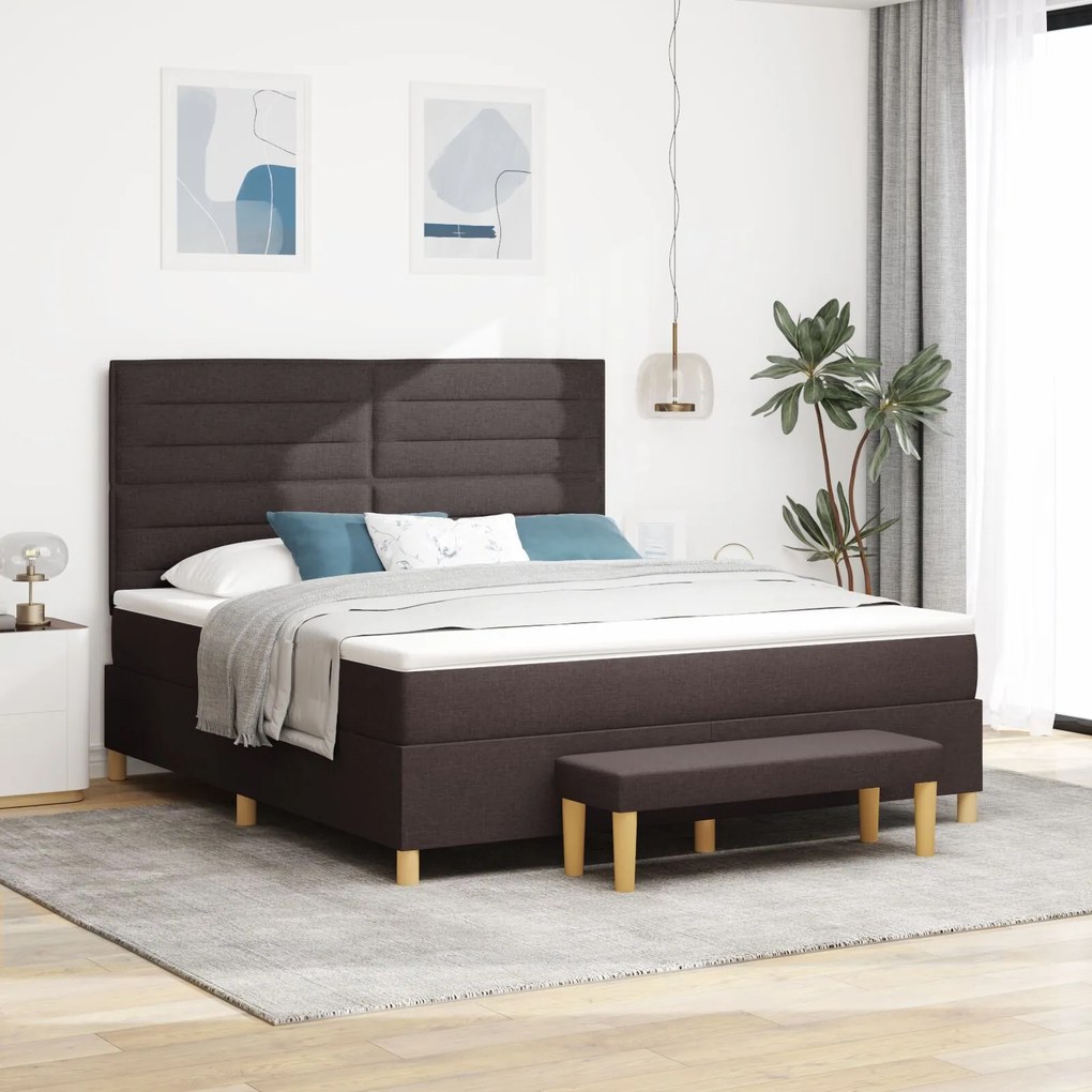vidaXL Pat Box Spring cu Saltea și Bancă Maro Întunecat 180x200 cm Fabric
