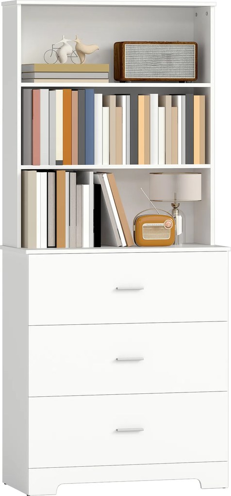 HOMCOM Bibliotecă Vitrină înaltă cu 3 sertare, 3 rafturi deschise, pentru living și bucătărie, 79x39,5x180 cm, alb | Aosom Romania