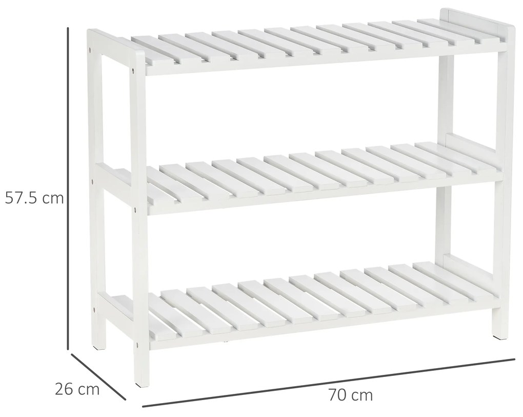 HOMCOM Etajeră pentru încălțăminte, suport pentru pantofi 3 niveluri, rafturi cu lamele, din lemn de pin, 70 x 26 x 57,5 cm, alb | Aosom Romania