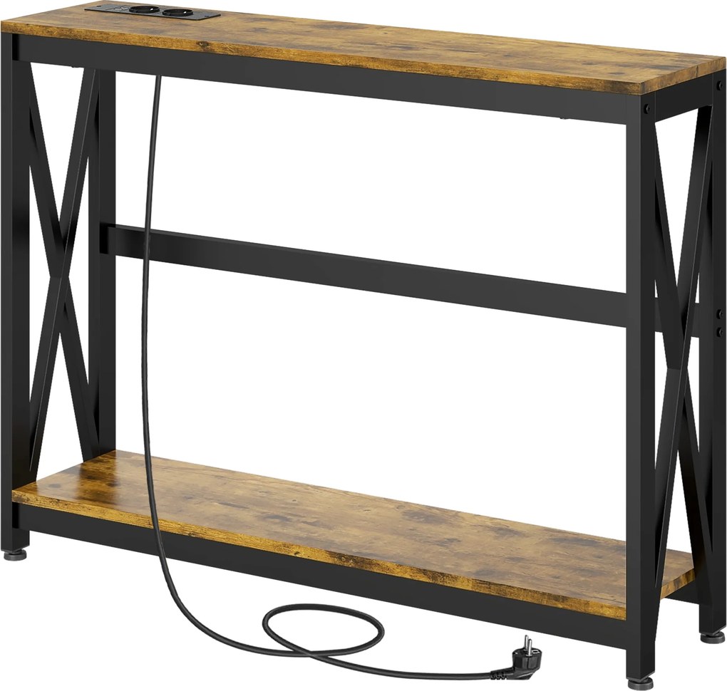 HOMCOM Masă Subțire de Consolă, Masă Industrială cu Două Nivele, Masă de Canapea Îngustă cu Cadru X din Oțel, 100x24x75 cm, Maro