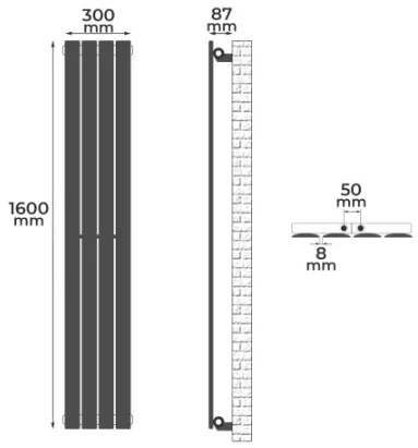 Radiator vertical, conexiune centrală, 1600 x 300 x 52 mm