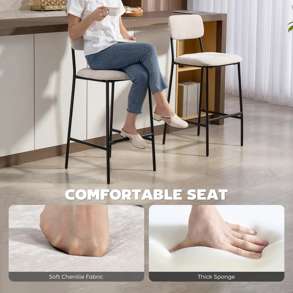 HOMCOM Set 2 Scaune de Bar, Scaune de Bucătărie Înalte în Chenille cu Spătar Înalt, Suport pentru Picioare și Sezut Moale Gros, Structură din Oțel, Scaune Înalte de Bar, pentru Peninsula, Sala de Mese, Bar, Crem | Aosom Romania