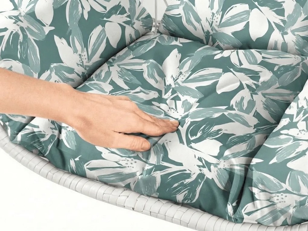 Scaun suspendat alb KOKON cu suport, perna verde-alba