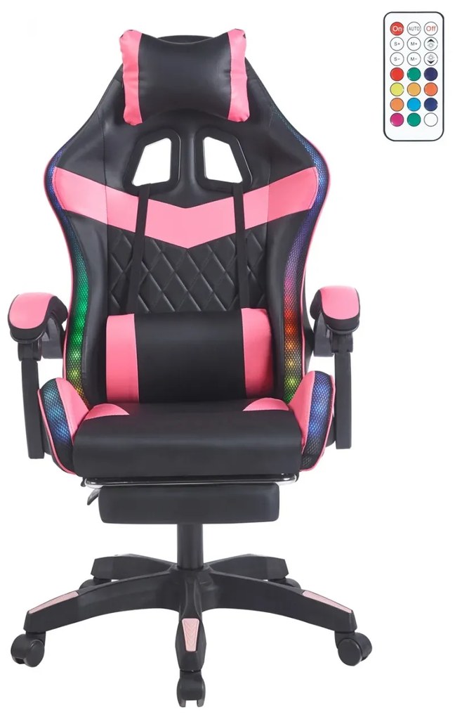 Scaun gaming, sistem iluminare bandă LED RGB, masaj în perna lombară, suport picioare, Negru/Roz
