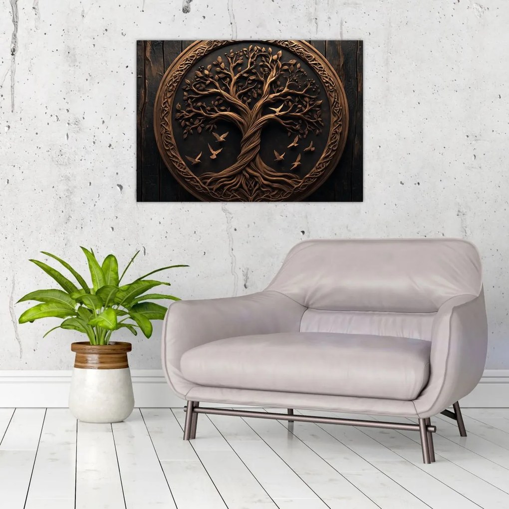 Tablou pe sticlă – Arborele vieții din lemn (70x50 cm)