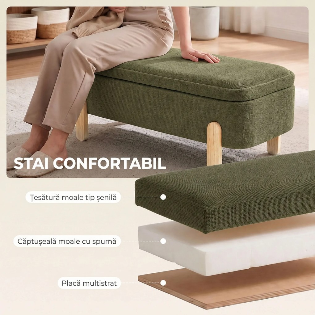 HOMCOM Bancă cu Depozitare 108x40x40 cm, Șezut Tapițat 2 Locuri din Șenilă, Picioare din Lemn, Verde | Aosom Romania