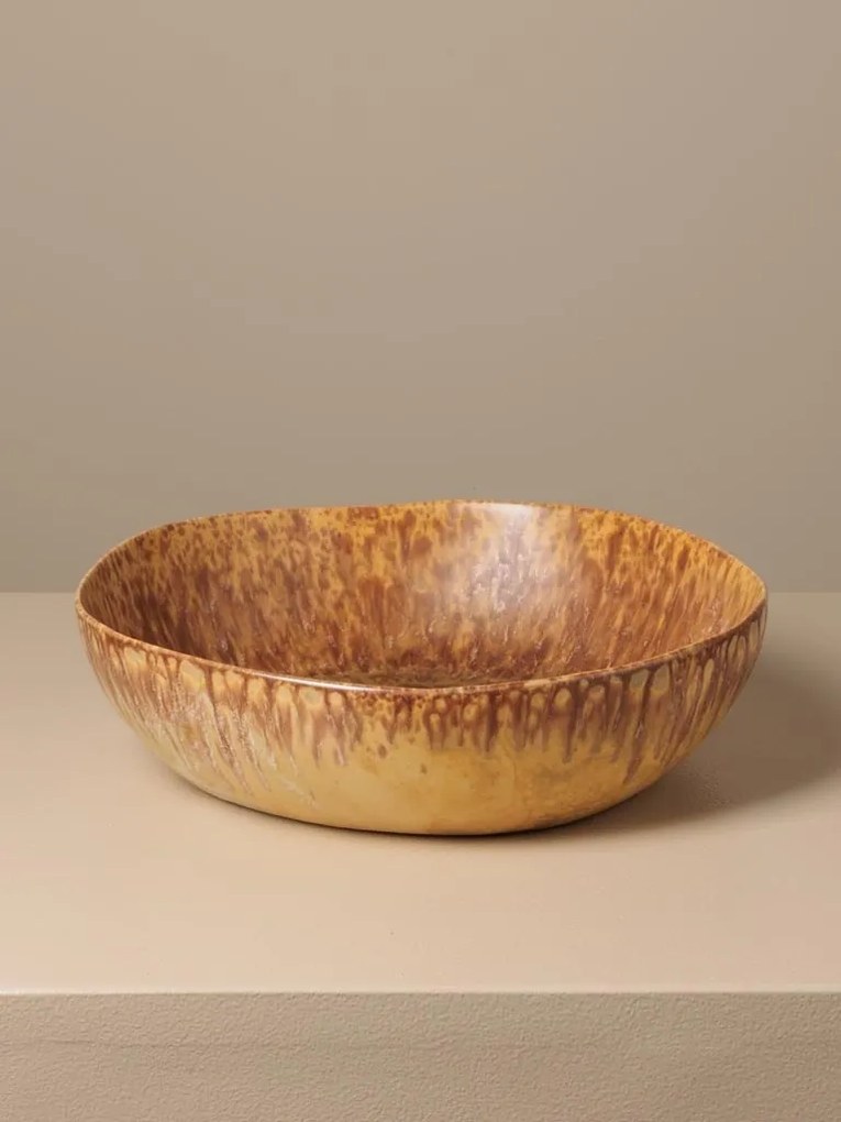 Bol pentru salată din ceramică, muștar și maro, formă organică, scurgeri maro pe margine, finisaj glazurat, 7,2 x 30 cm, „Intense”