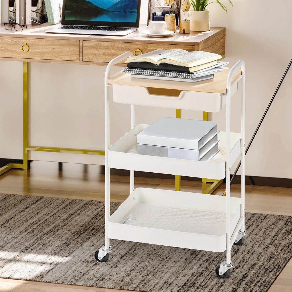 HOMCOM Masă de bucătărie cărucior de servire 2 rafturi sertar tavă aspect de lemn deschis oțel PP alb | Aosom Romania