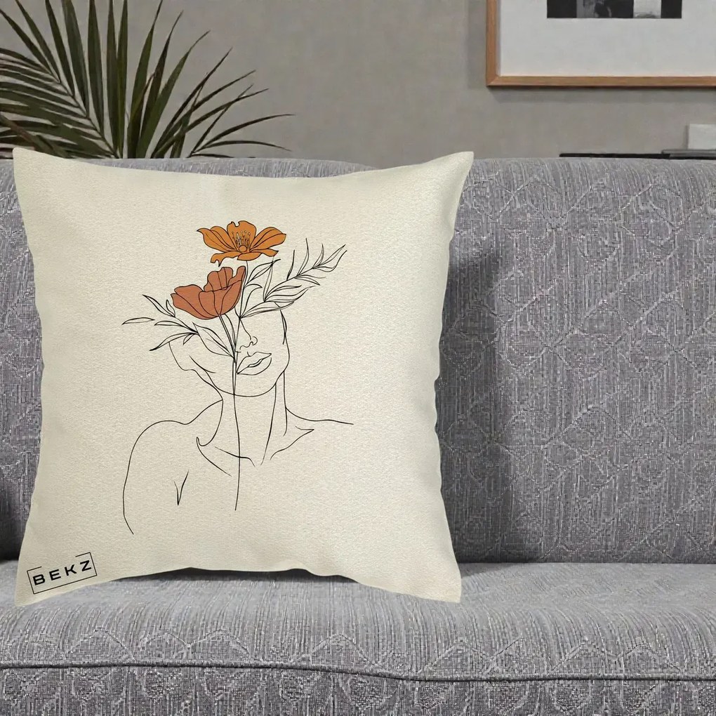 Perna Decorativa Portret Feminin Doua Flori, 40x40 cm, Ecru, Husa Detasabila, Perna Inclusa, BEKZ®