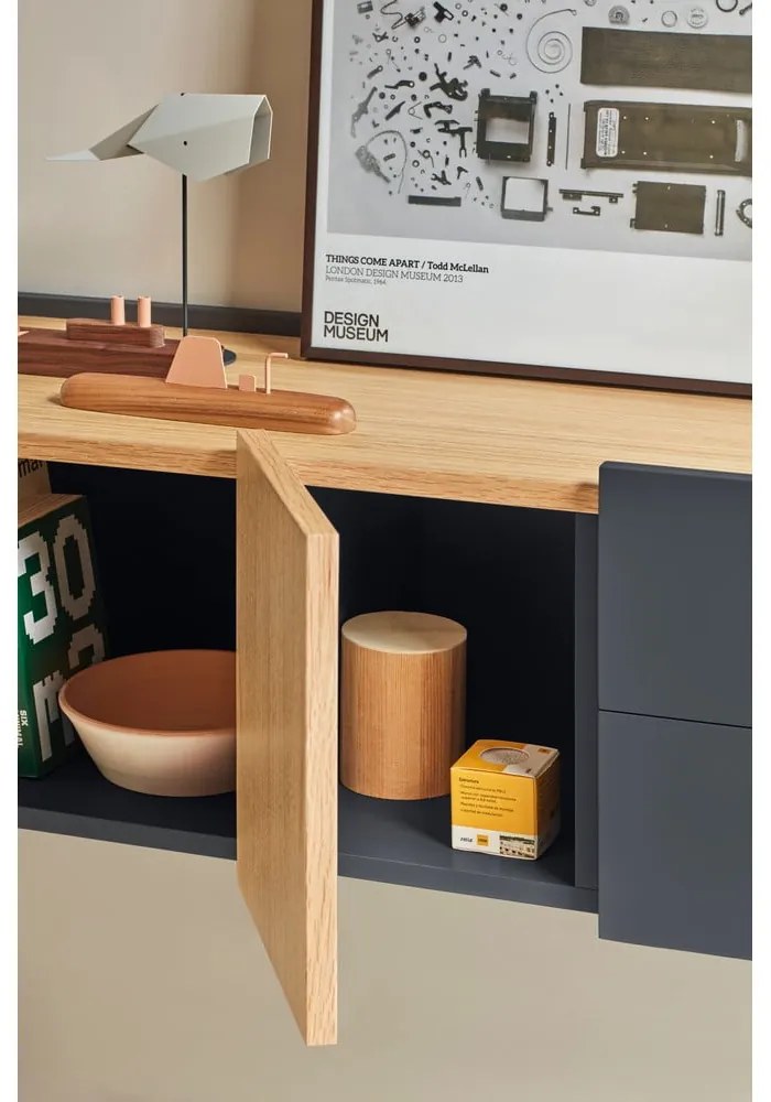 Comodă gri antracit-natural joasă cu aspect de lemn de stejar 110x23 cm Otto – Teulat