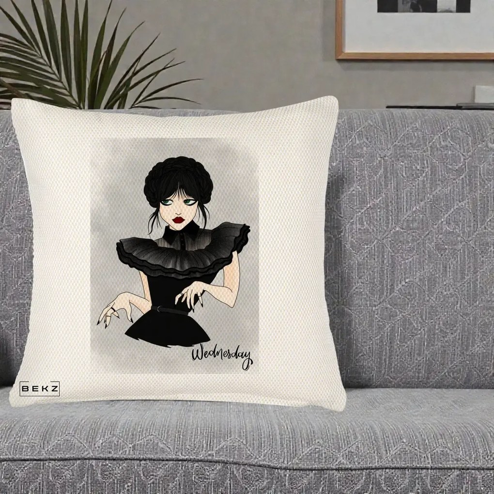 Perna Personalizata Wednesday Addams Portret Gotic, 40x40 cm, Crem Reliefat, Husa Detasabila, Perna Inclusa, BEKZ®