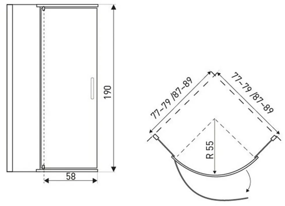 Cabină de duș curbată Splash cu cădiță 89x89x206cm - profil cromat, sticlă transparentă
