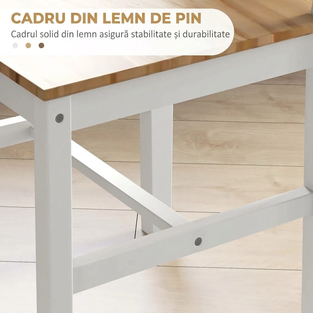 HOMCOM Set 4 Scaune cu Spătar Transversal, Scaune Clasice din Lemn de Pin, 41x46.5x87 cm, Alb | Aosom Romania