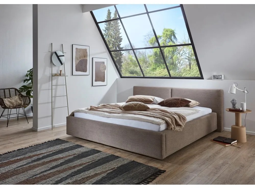 Pat matrimonial maro deschis tapițat cu spațiu de depozitare cu somieră 180x200 cm Cube – Meise Möbel