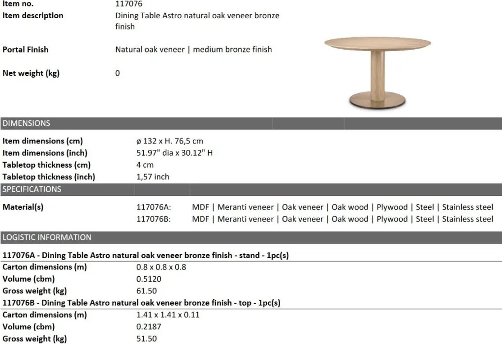 Masa rounda design LUX Astro 132cm, Natural oak