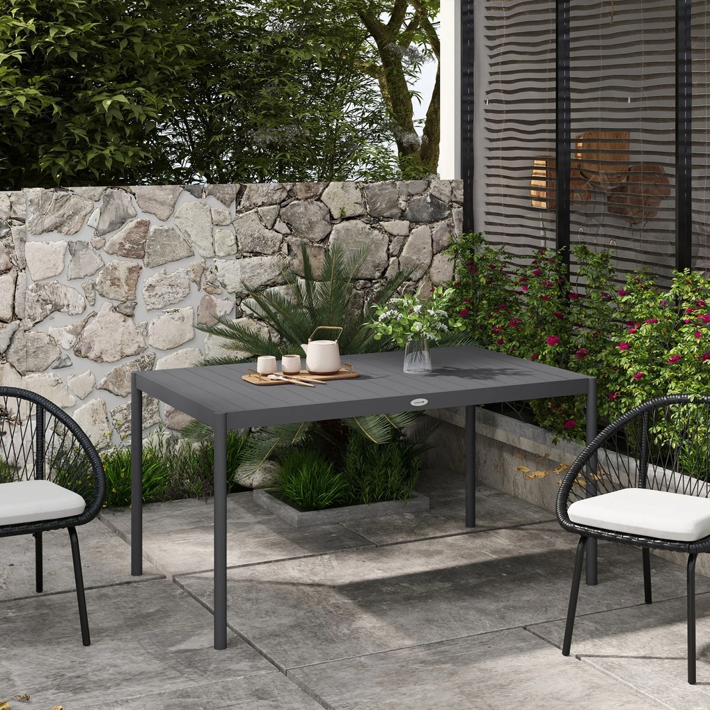 Outsunny Masă de Grădină cu Lamele, Dimensiuni 145x90 cm, Masă de Dining pentru 6 Persoane, Rectangulară, din Aluminiu și Oțel, pentru Curte, Terasă, Balcon și Exterior, Gri Închis | Aosom Romania