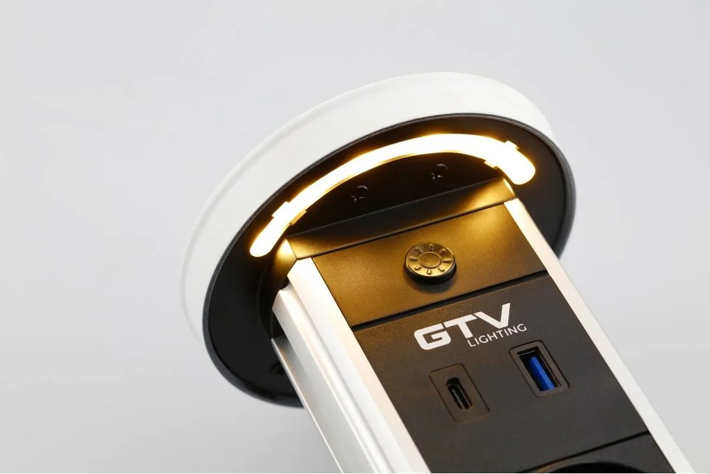 Priză încorporabilă în blat Camino GTV, încărcător wireless 10W, 2 prize Schuko, USB A + C, alb, D:80 mm Aluminiu/ plastic, Alb, D:80 mm