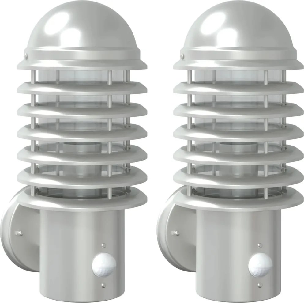 vidaXL Lămpi exterioare de perete cu senzor 2 buc. argintiu, oțel inox