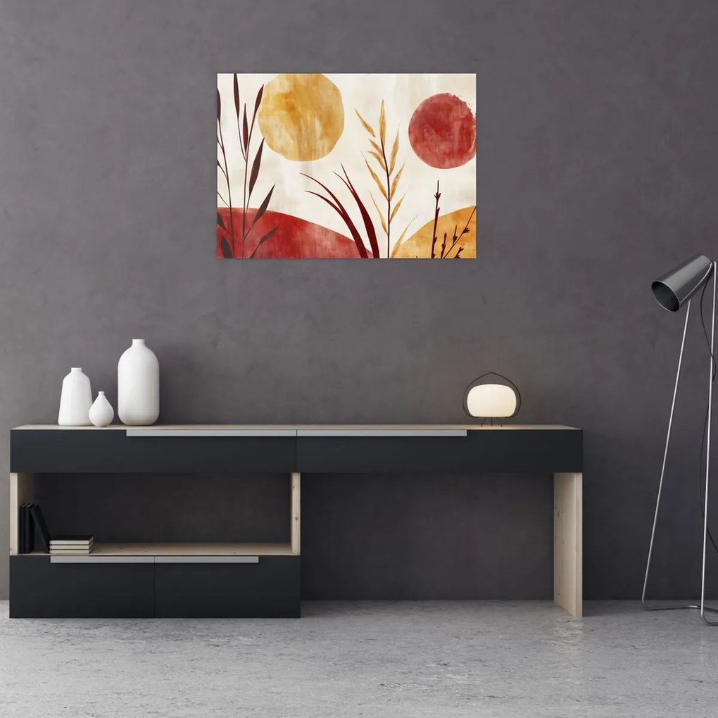 Tablou pe sticlă - Plante și cercuri (70x50 cm)