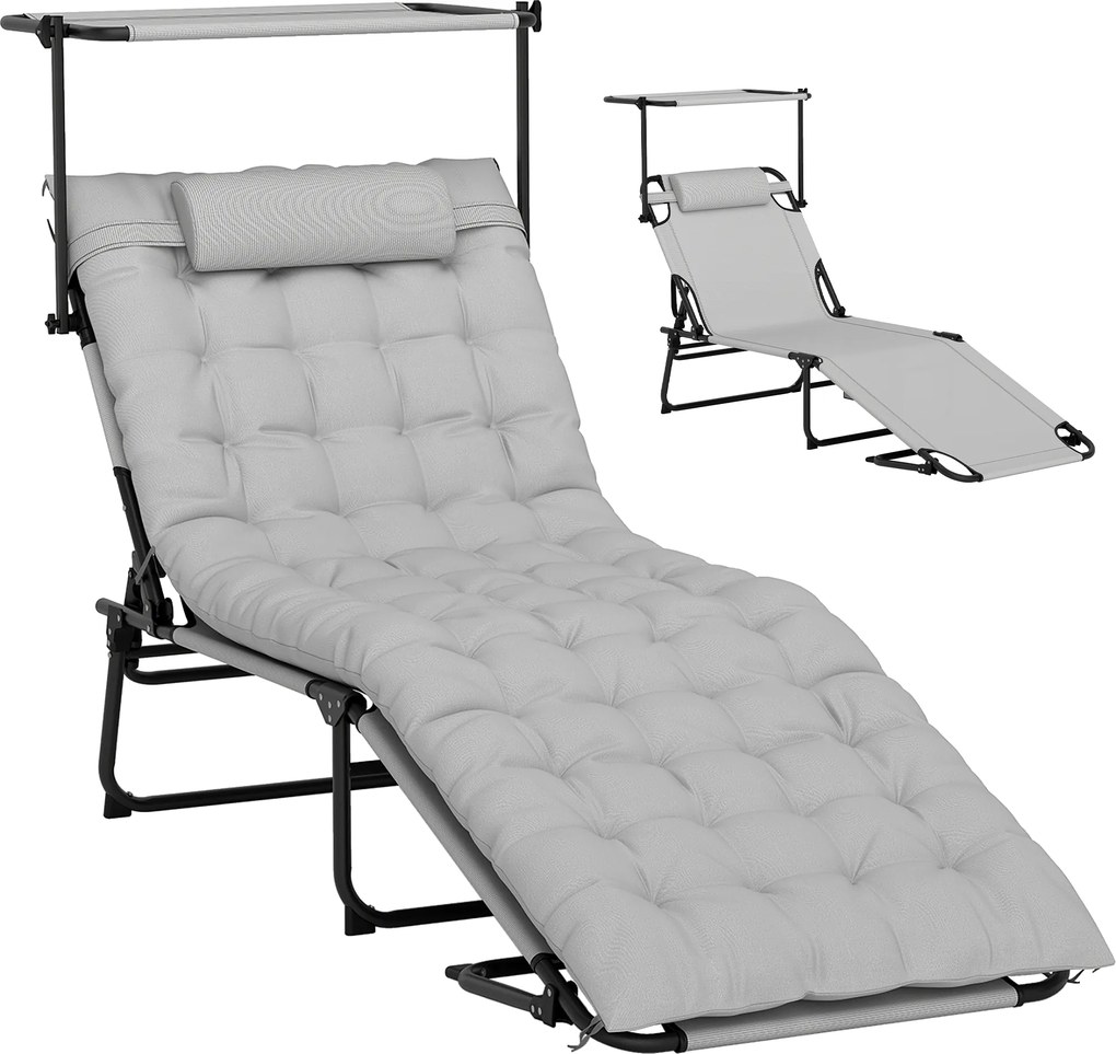 Outsunny Șezlong pliabil cu copertină și saltea, șezlong cu spătar reglabil în 4 poziții, gri deschis | Aosom Romania
