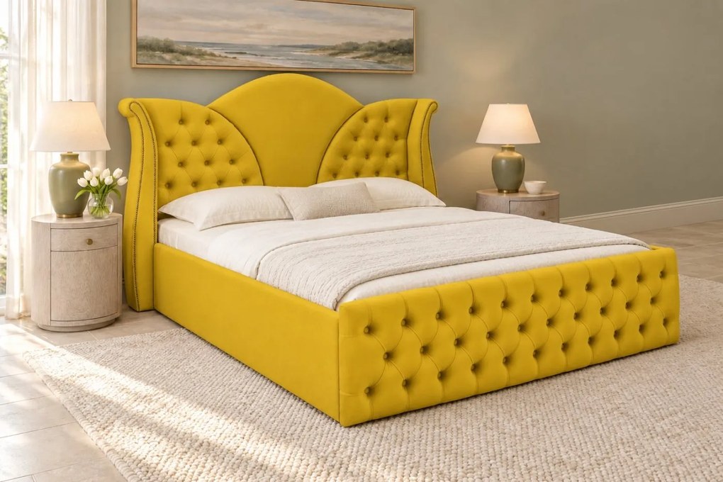 Pat tapițat Chesterfield din catifea Velora 180×200 cm, galben muștar, cu ladă de depozitare