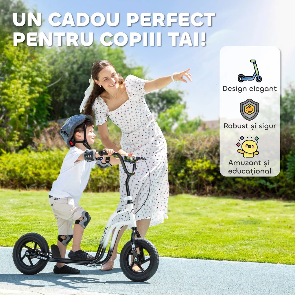 AIYAPLAY Monopatin pentru Copii 5-12 Ani cu Roți Mari de 30cm și Ghidon Reglabil, Monopatin pentru Copii din Oțel cu Frână Posterioară, Suport, Alb și Negru | Aosom Romania
