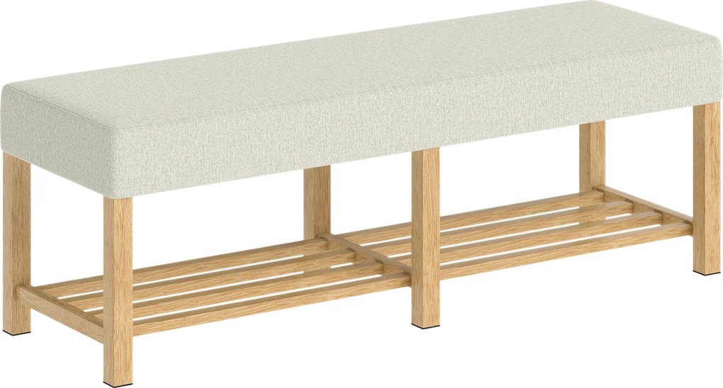 HOMCOM Bancă pentru pantofi din lemn masiv de 140 cm, bancă modernă de hol cu șezut tapițat pentru două persoane, lemn natural și Alb-crem | Aosom Romania