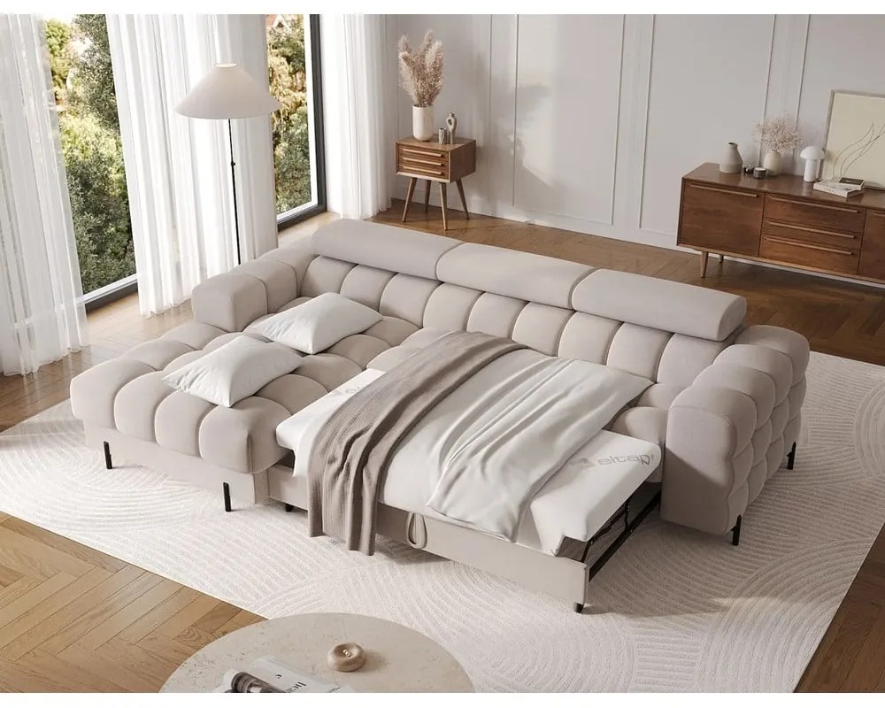 Colțar bej extensibil/cu spațiu de depozitare cu tapițerie din catifea (cu colț pe partea stângă/cu șezlong) Felro – ELTAP