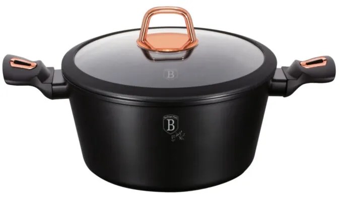 Oală marmorată cu capac 24 cm, 4.5 L Berlinger Haus BH 1642N, Black Rose, antiaderentă, capac sticlă