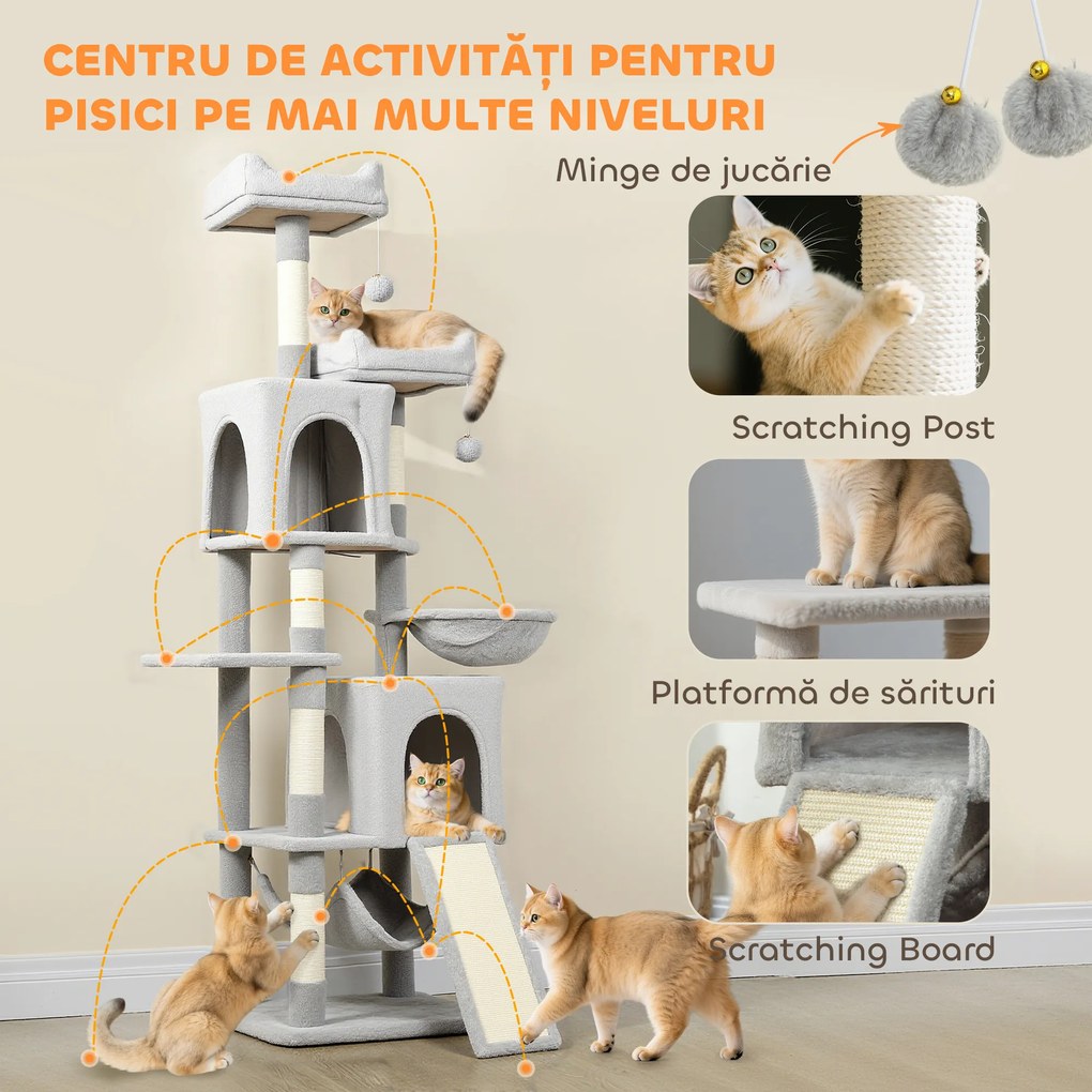 PawHut Arborele pentru Pisici cu Căsuțe, Paturi, Singhii și Mingi, Gri Deschis | Aosom Romania