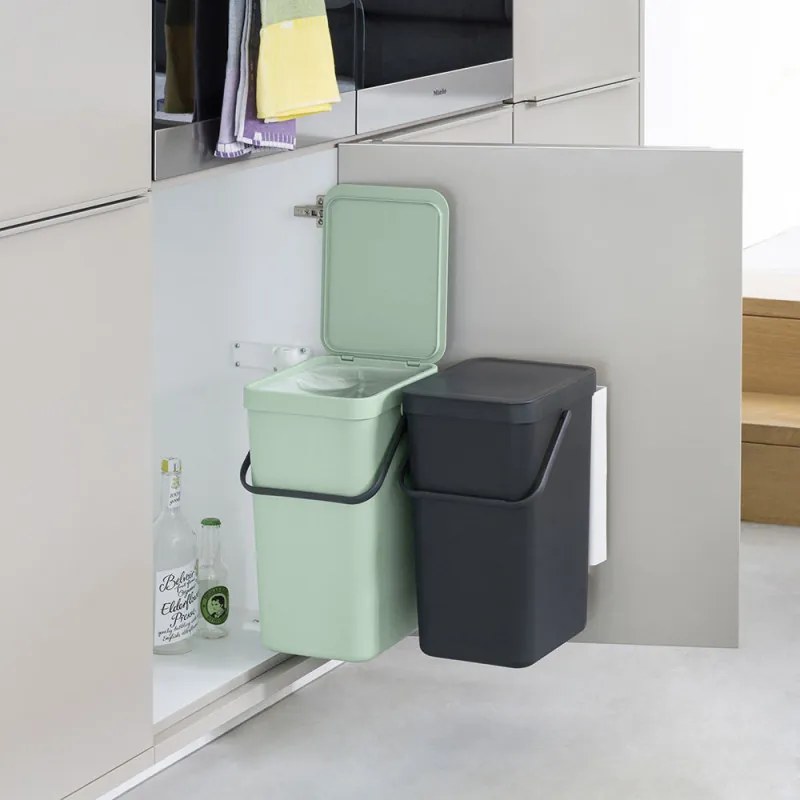 Cos de gunoi colectare selectiva Brabantia Sort&Go 1005518, 2x16 L, Montare pe usa dulapului, Gri/Verde
