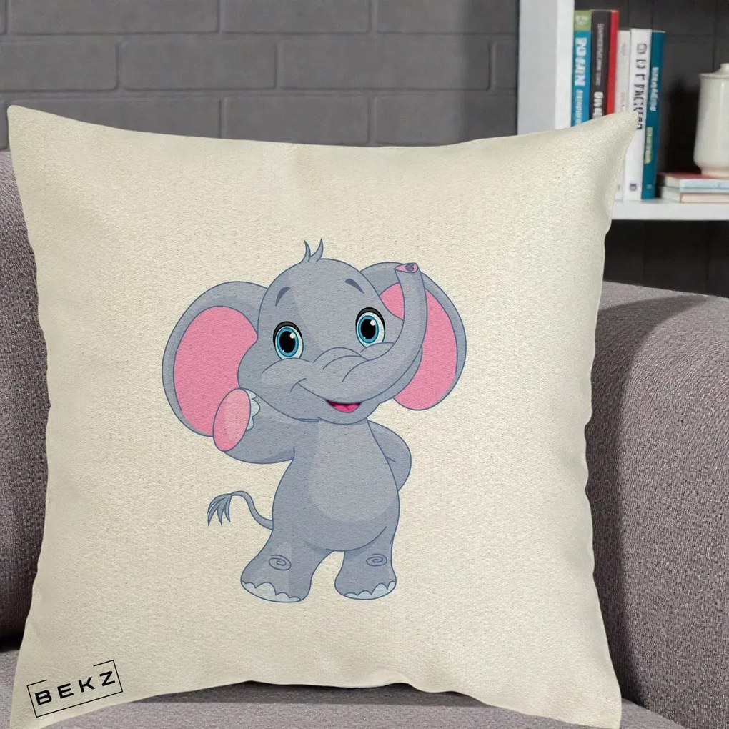 Perna Decorativa Pui de Elefant Kawaii, 40x40 cm, Ecru, Husa Detasabila, Perna Inclusa, BEKZ®